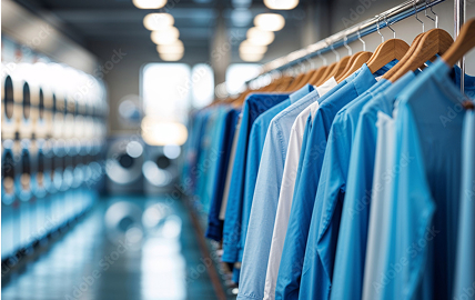 Chemises propres suspendues dans une blanchisserie moderne