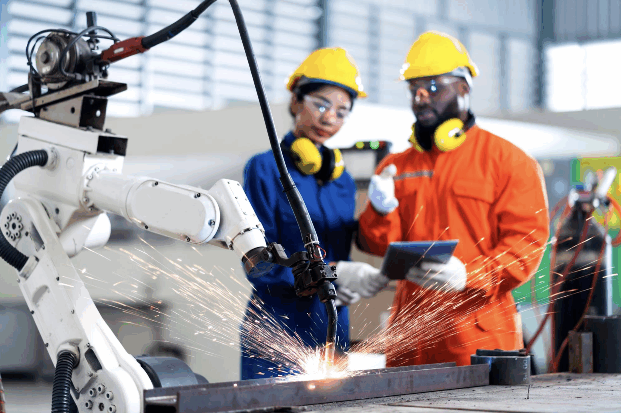 Robot industriel soudant sous supervision d’ingénieurs