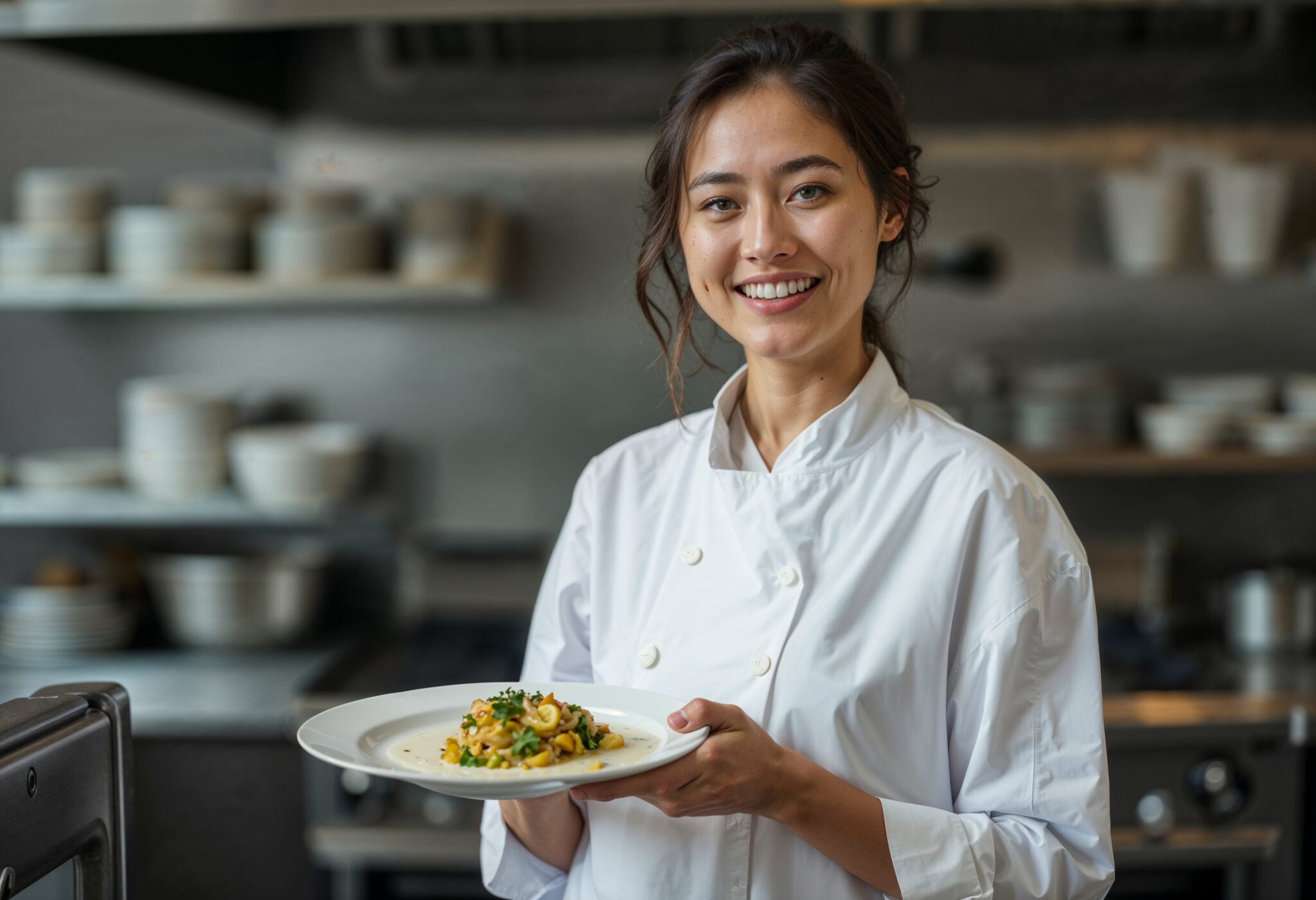 Cheffe présentant un plat préparé en cuisine.