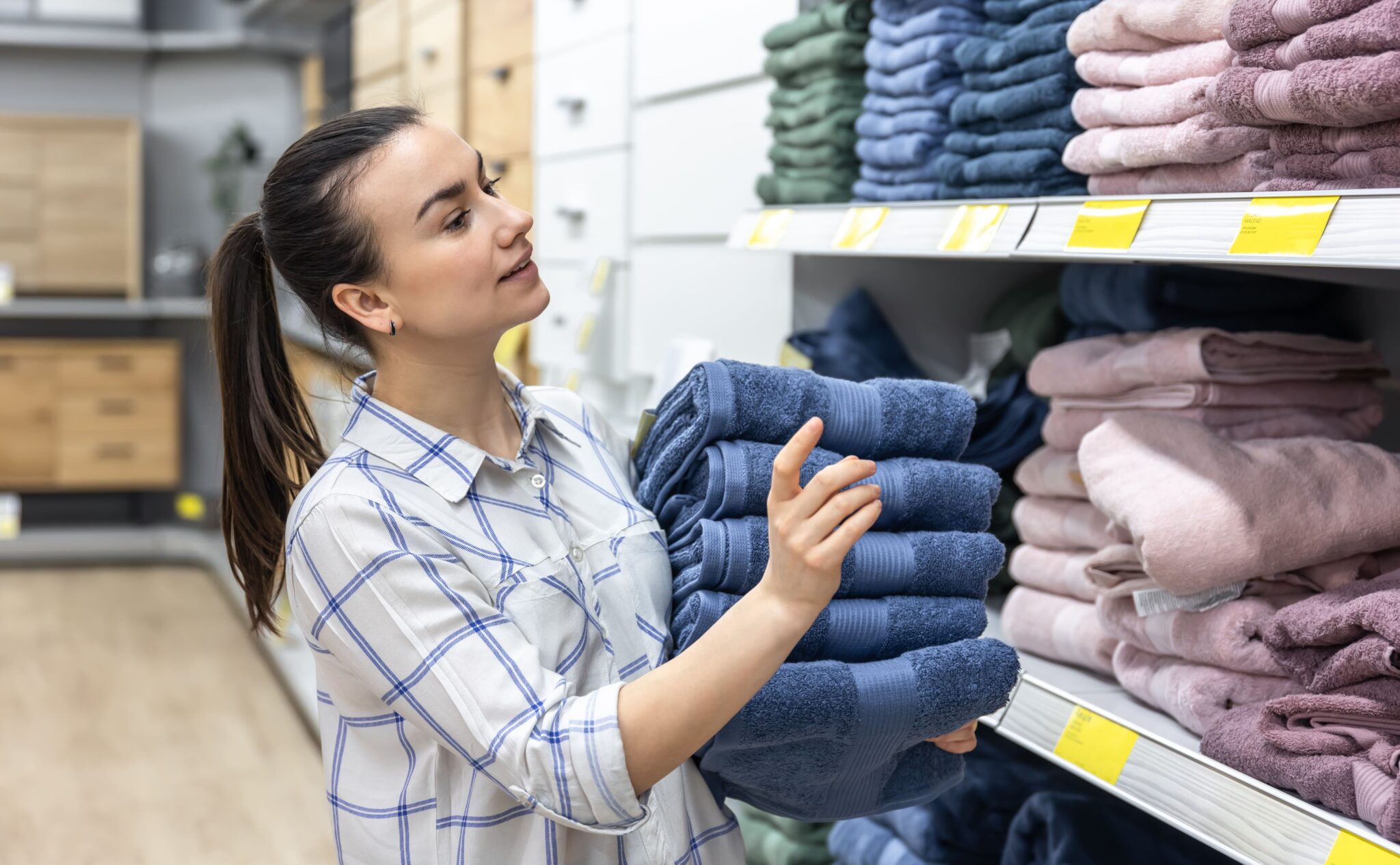 Femme choisissant des serviettes dans un magasin.