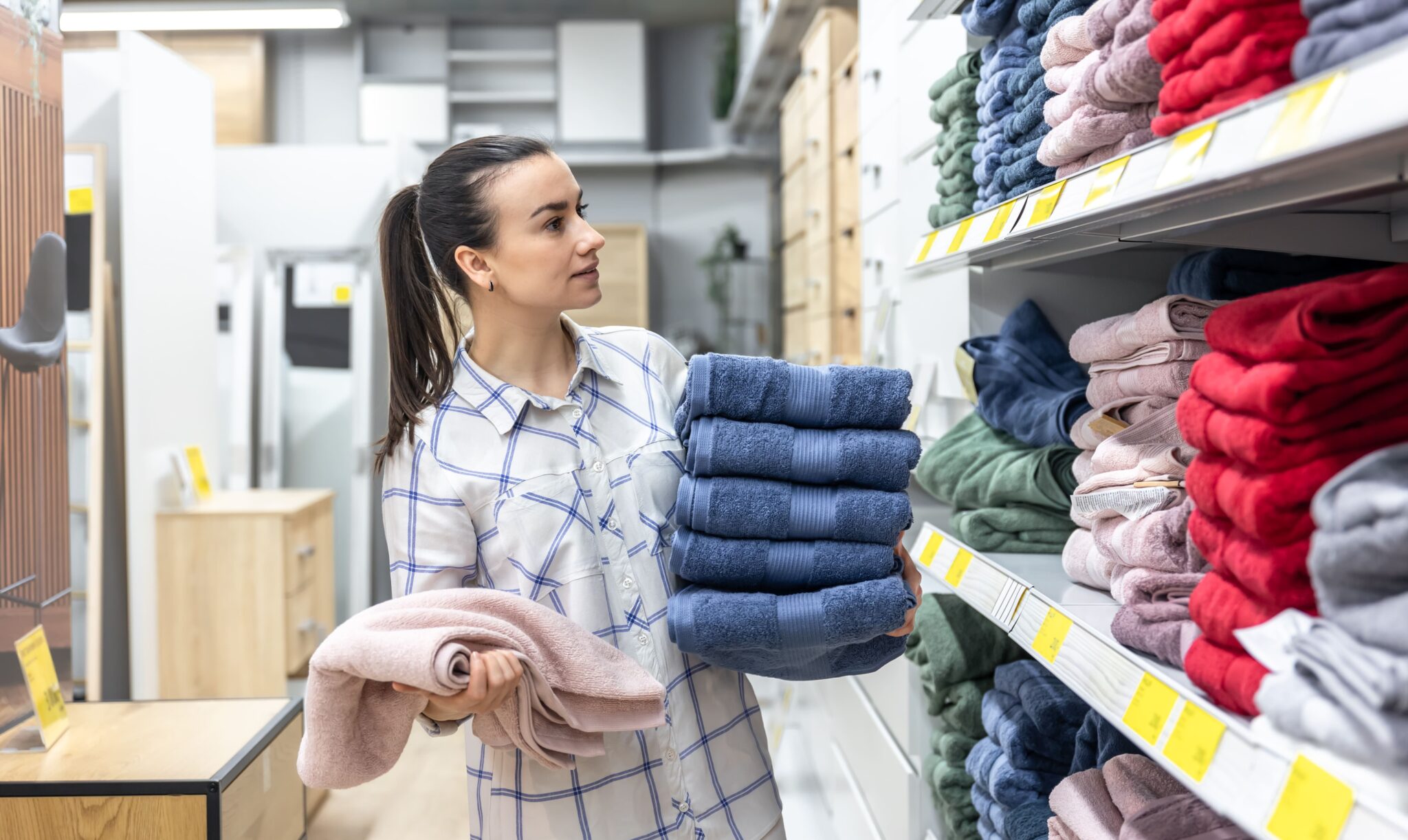 Femme choisissant des serviettes dans un magasin.
